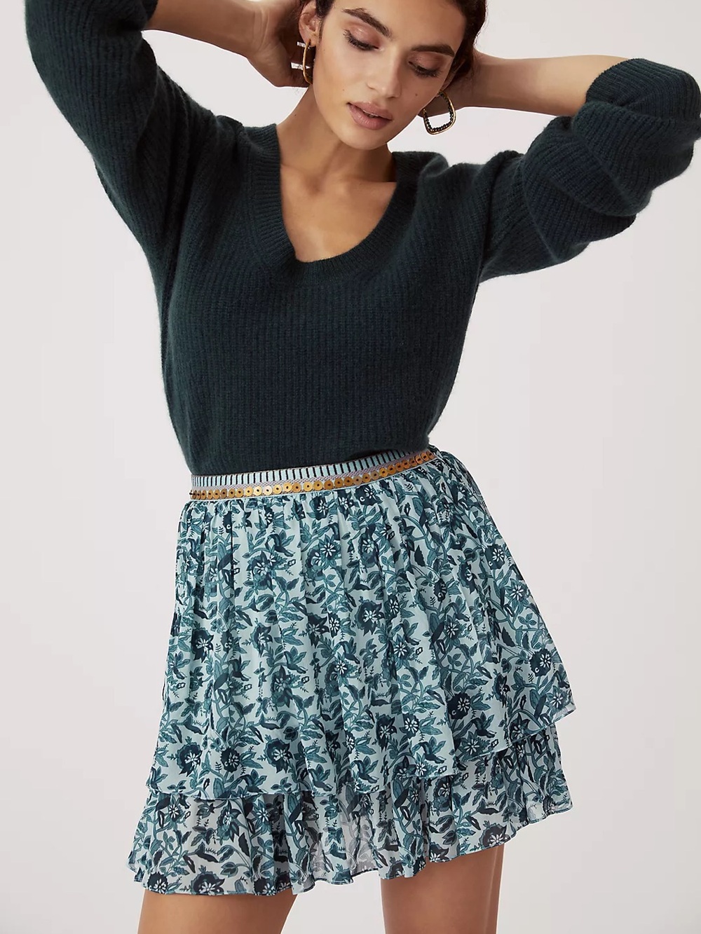 Anthropologie Nikasha Green Embroidered Tiered Mini Skirt Sz Small